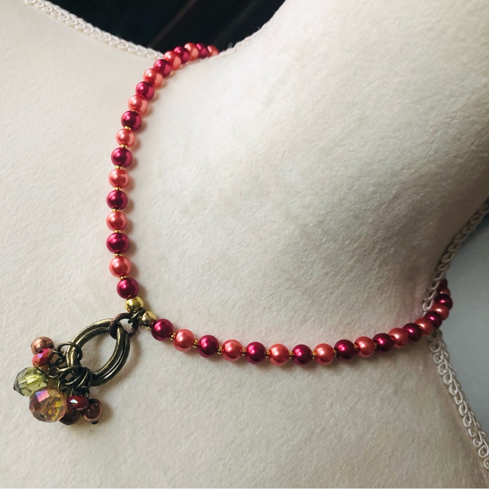 Handcrafted repurpose colorful beaded cluster pendant Czech glass Pearl necklace